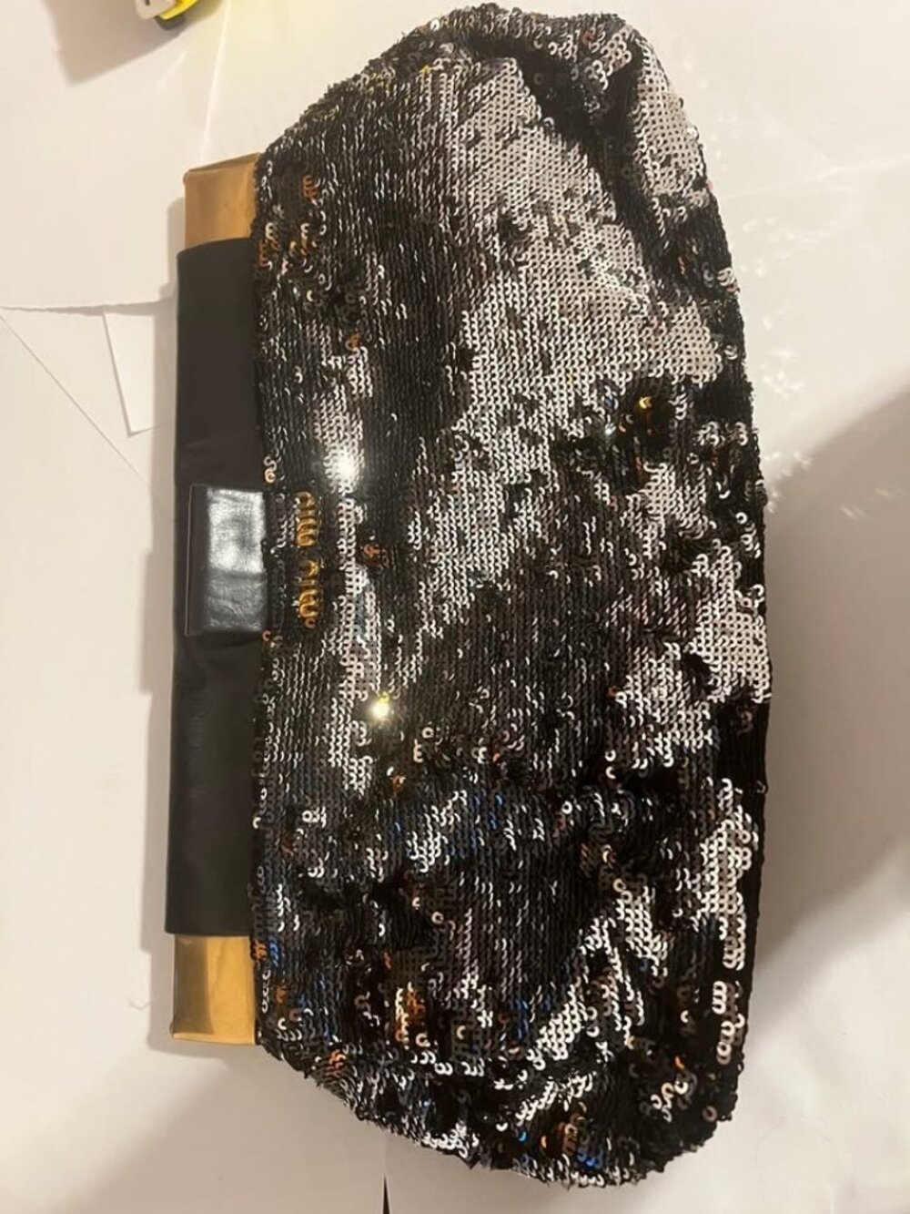 Miu Miu Sequin Clutch Black Silver Gold Frame Evening Bag